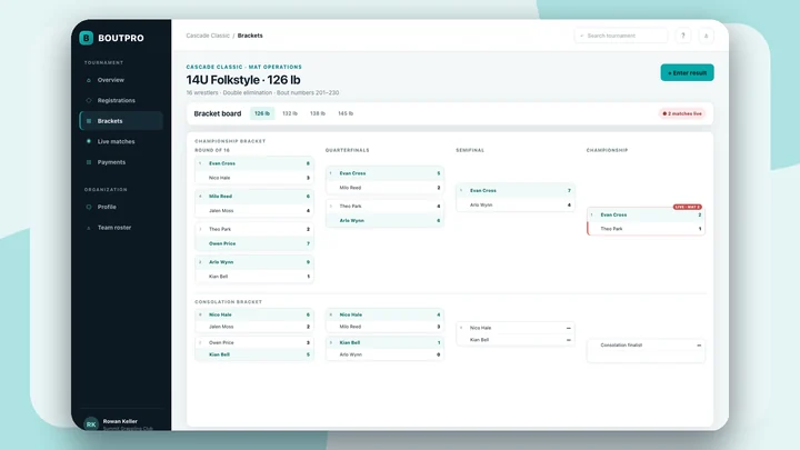 BoutPro live tournament brackets and results workspace