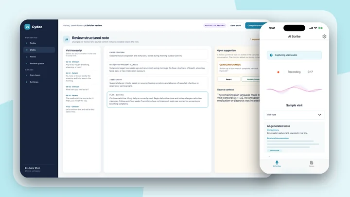 Cydoc mobile AI scribe recording beside a clinician review workspace