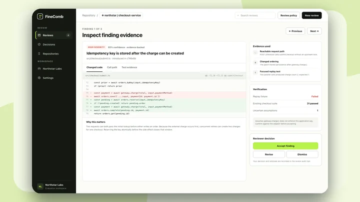 FineComb review finding with code and replay-test evidence