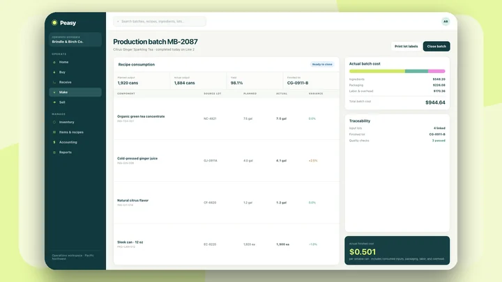 Peasy production batch and cost rollup