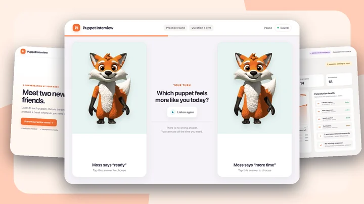 Landscape Puppet Interview screens with identical fox puppets and research operations