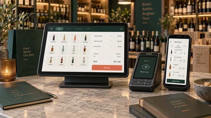 Liquor store point-of-sale, payment terminal, and mobile stock-count devices