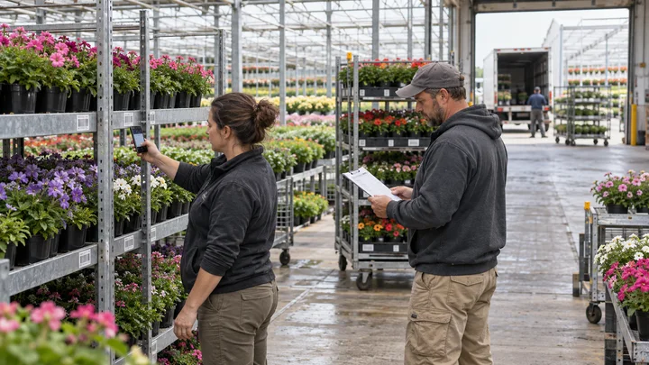 Commercial greenhouse team scanning plant racks and coordinating a shipment