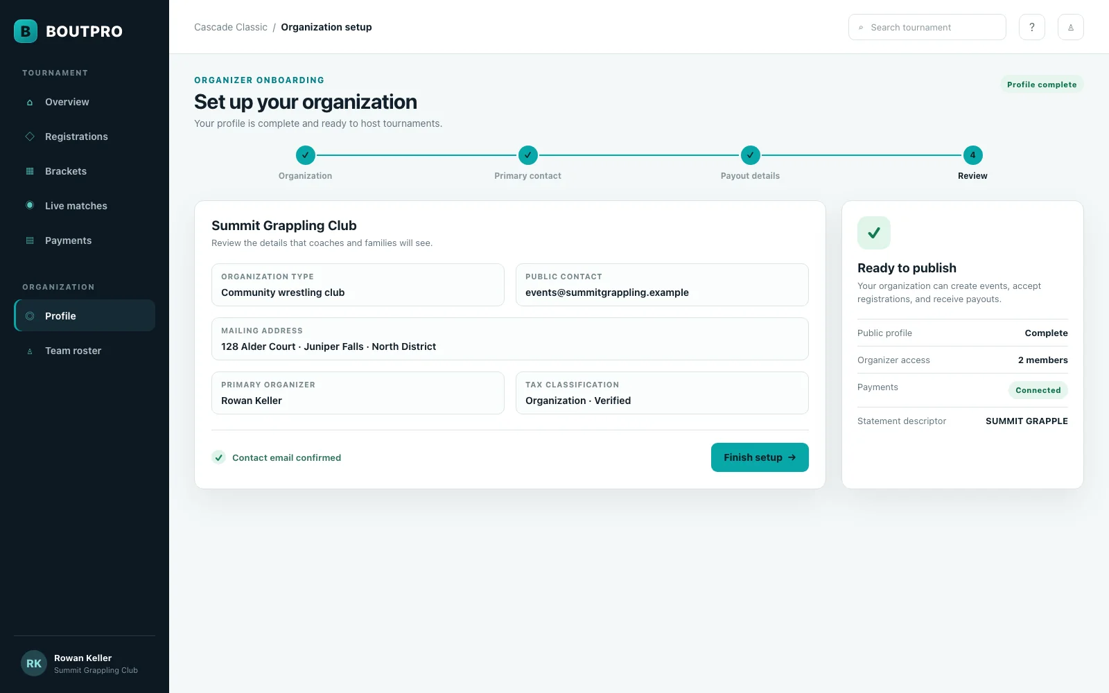 BoutPro organization onboarding