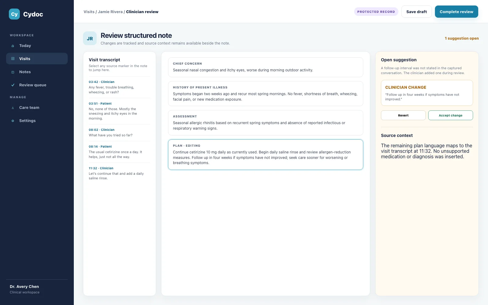 Cydoc clinician review with source context