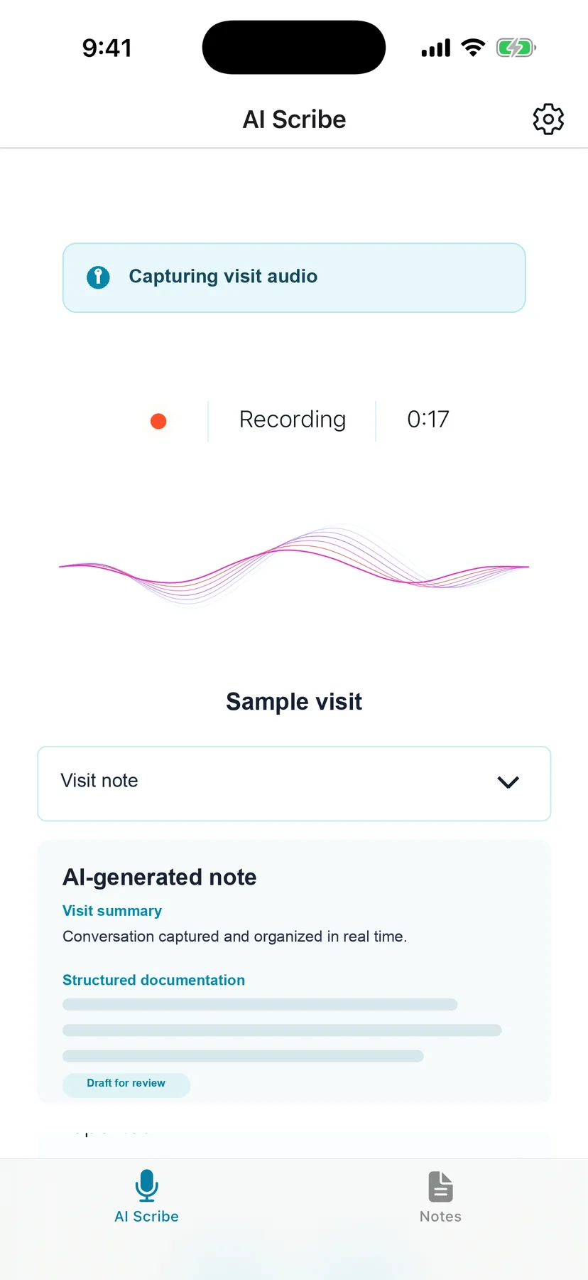 Cydoc mobile AI scribe recording with waveform and note progress