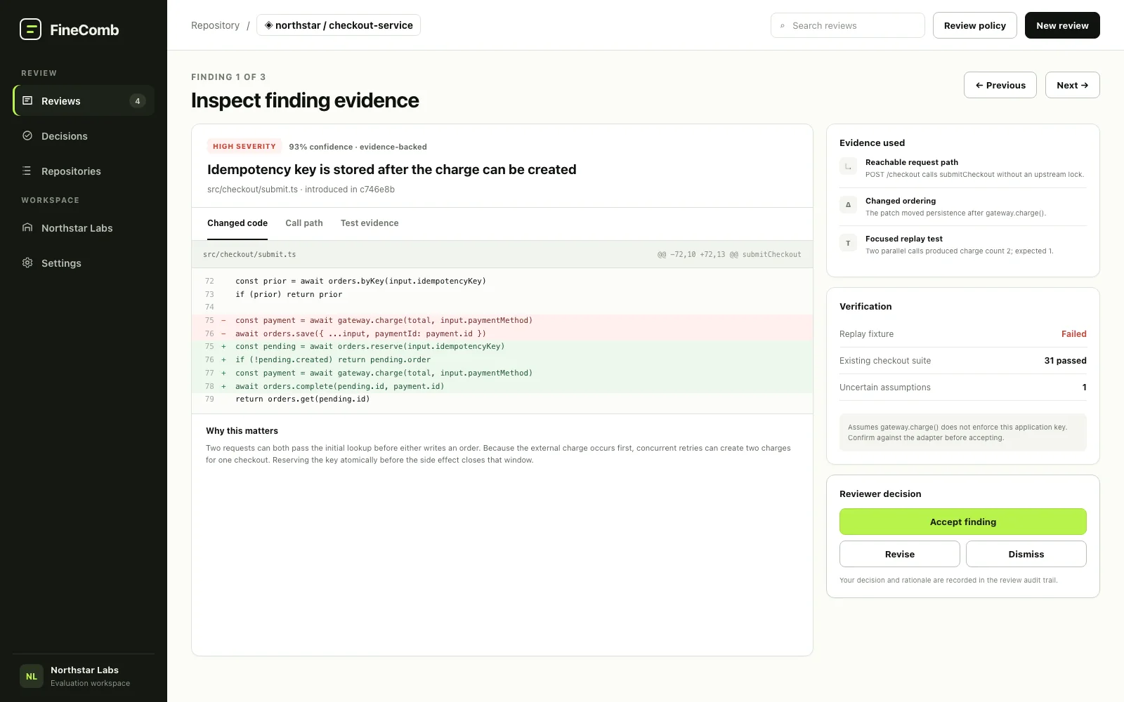 FineComb finding with code and test evidence