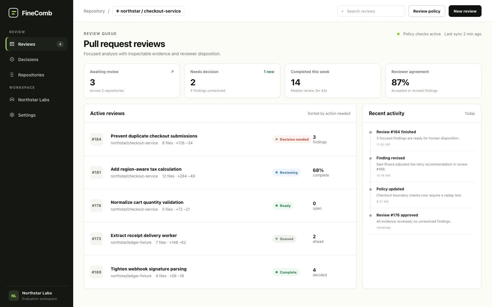 FineComb populated review dashboard