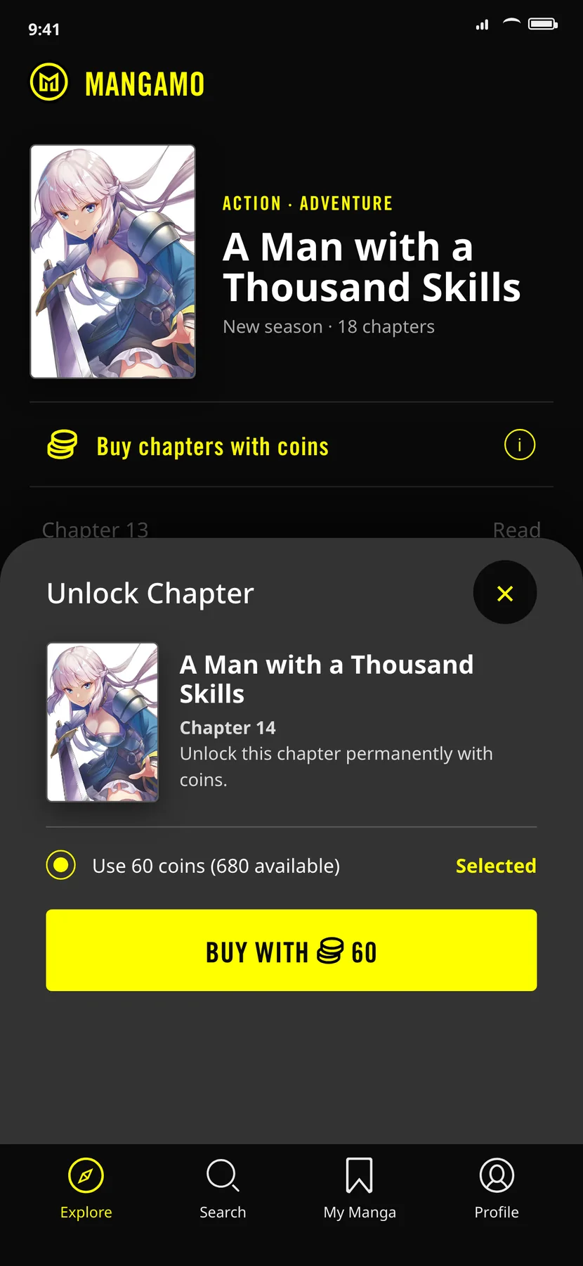 Mangamo locked chapter with subscription and coin choices