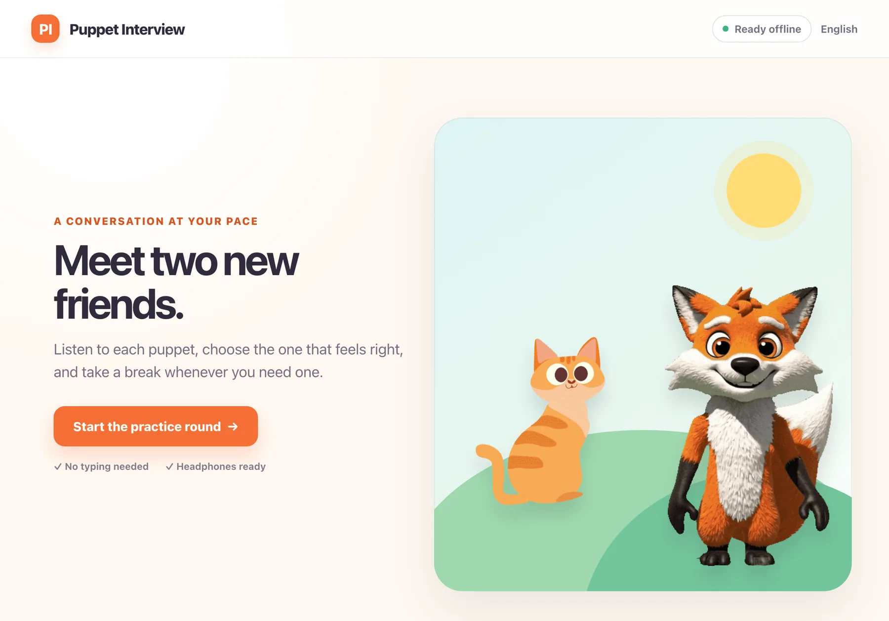 Puppet Interview welcome screen with two fox characters