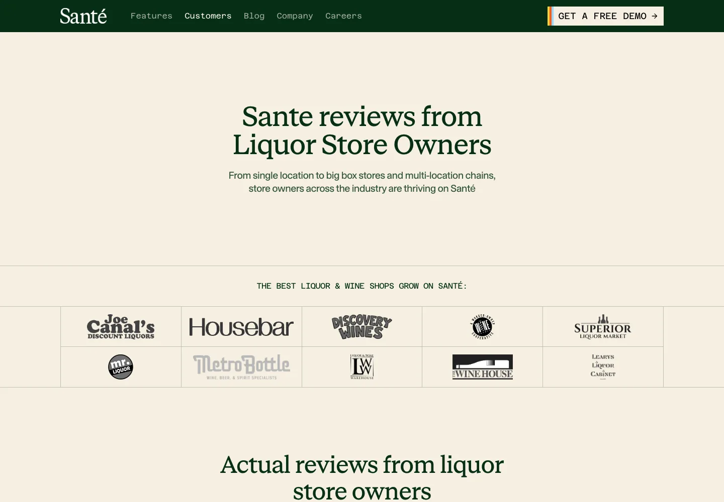 Santé public customers page showing liquor-store and wine-shop brands